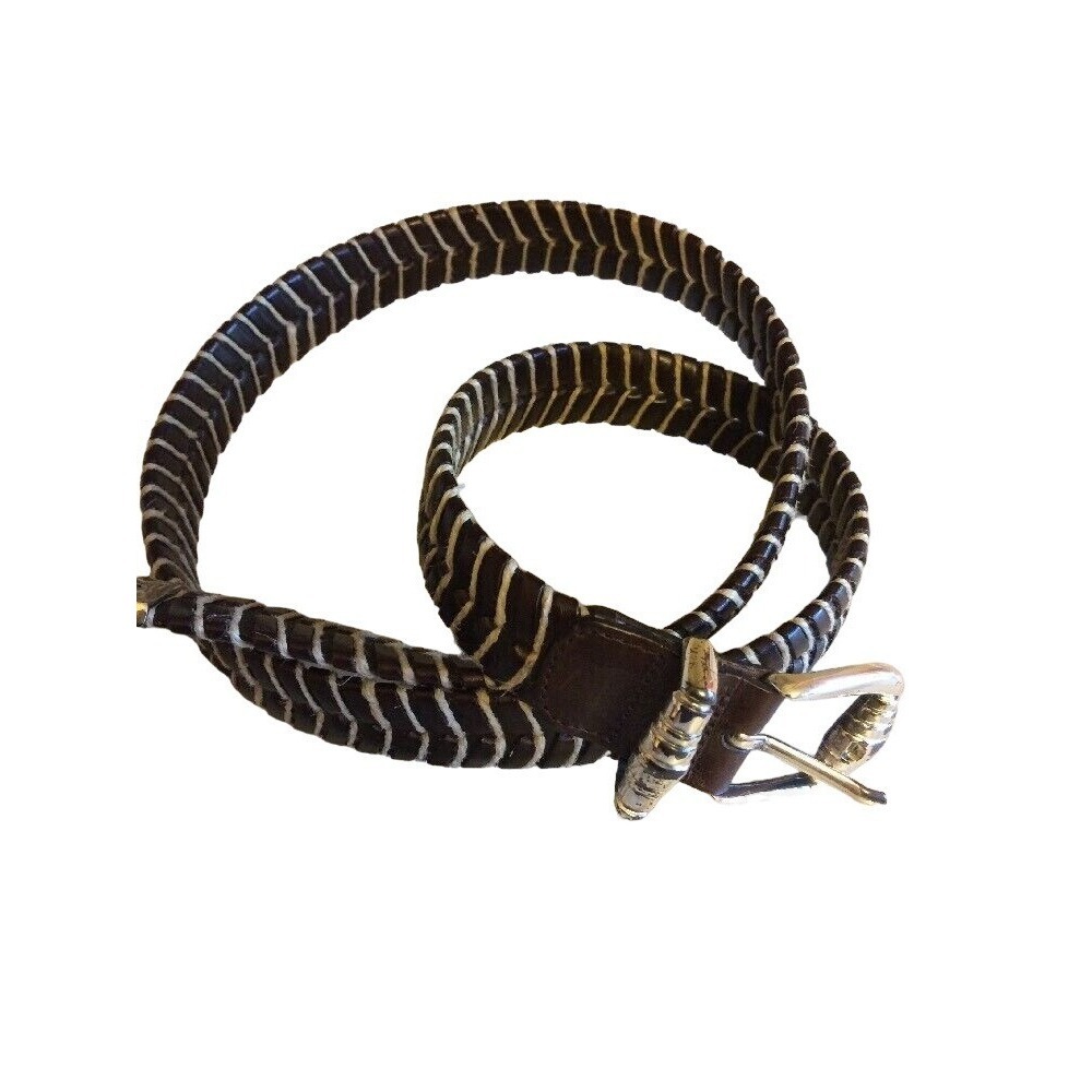 Women's Brown Leather Fashion‎ Belt Made in Spain 38 Silver Buckle Twine Detail